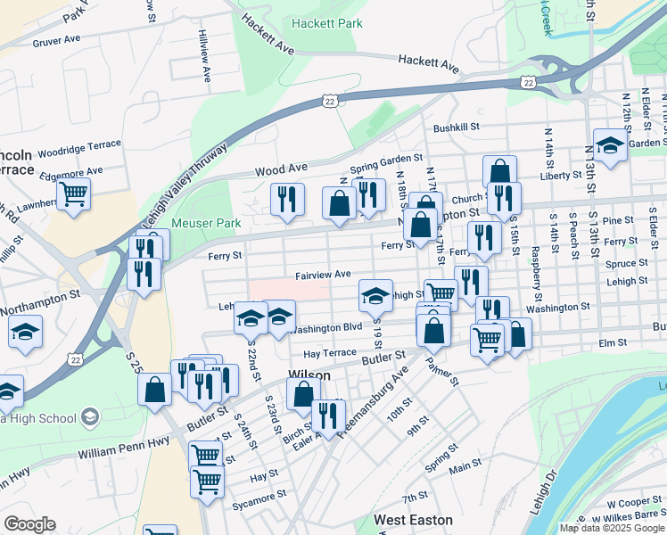 map of restaurants, bars, coffee shops, grocery stores, and more near 1934 Fairview Avenue in Easton