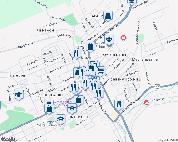 map of restaurants, bars, coffee shops, grocery stores, and more near 200 East Arch Street in Pottsville
