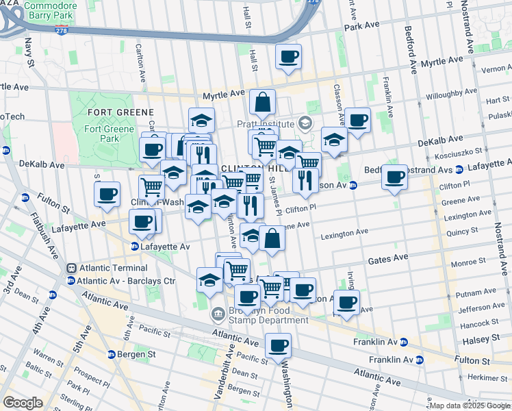map of restaurants, bars, coffee shops, grocery stores, and more near 255 Lafayette Avenue in Brooklyn