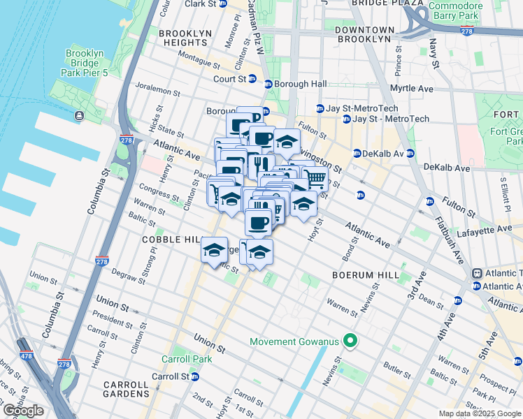 map of restaurants, bars, coffee shops, grocery stores, and more near 66 Dean Street in Brooklyn