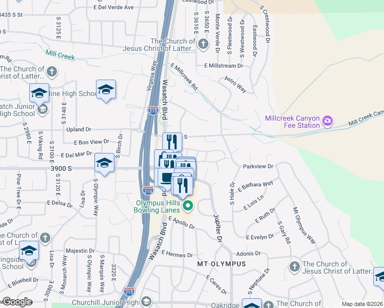map of restaurants, bars, coffee shops, grocery stores, and more near 3850 South Quail Hollow Drive in Salt Lake City