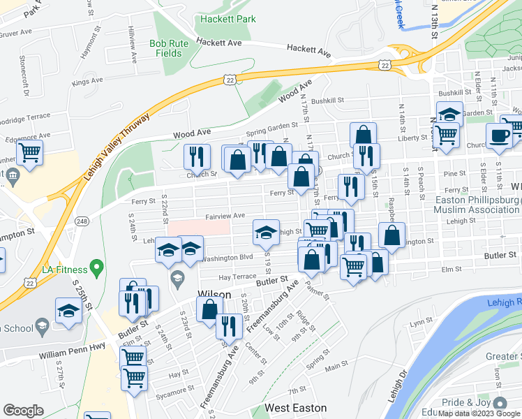 map of restaurants, bars, coffee shops, grocery stores, and more near 1901 Fairview Avenue in Easton