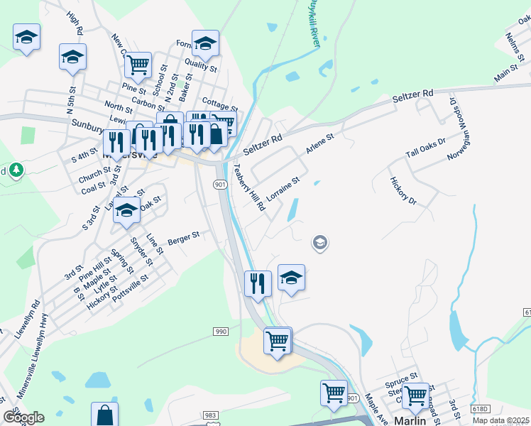 map of restaurants, bars, coffee shops, grocery stores, and more near 20 Teaberry Hill Road in Minersville