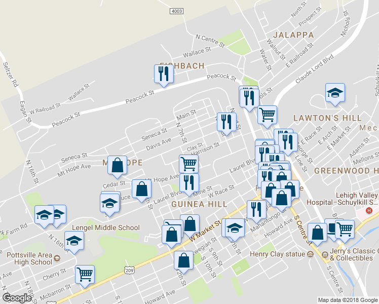 map of restaurants, bars, coffee shops, grocery stores, and more near 618 Harrison Street in Pottsville