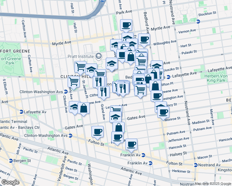 map of restaurants, bars, coffee shops, grocery stores, and more near 98 Clifton Place in Brooklyn