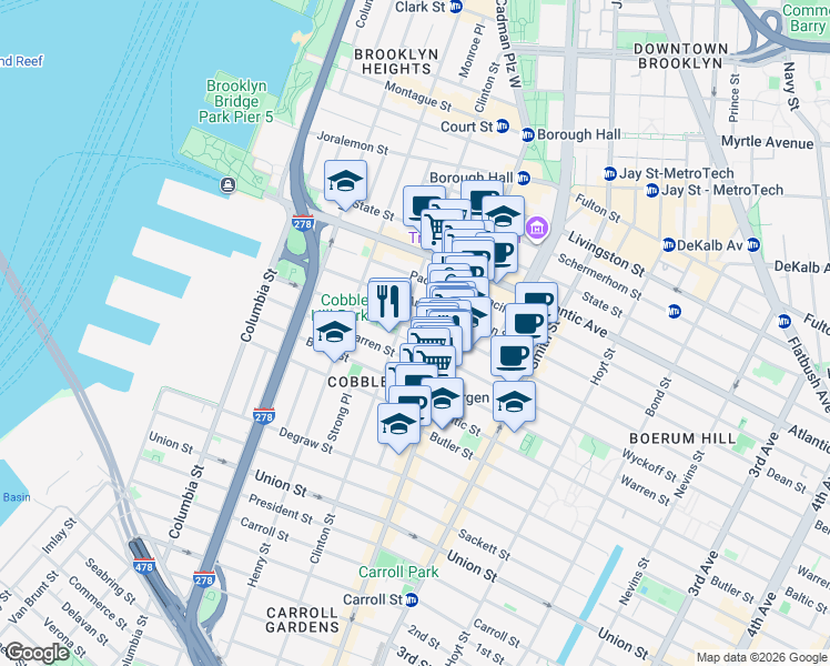 map of restaurants, bars, coffee shops, grocery stores, and more near 205 Warren Street in Brooklyn