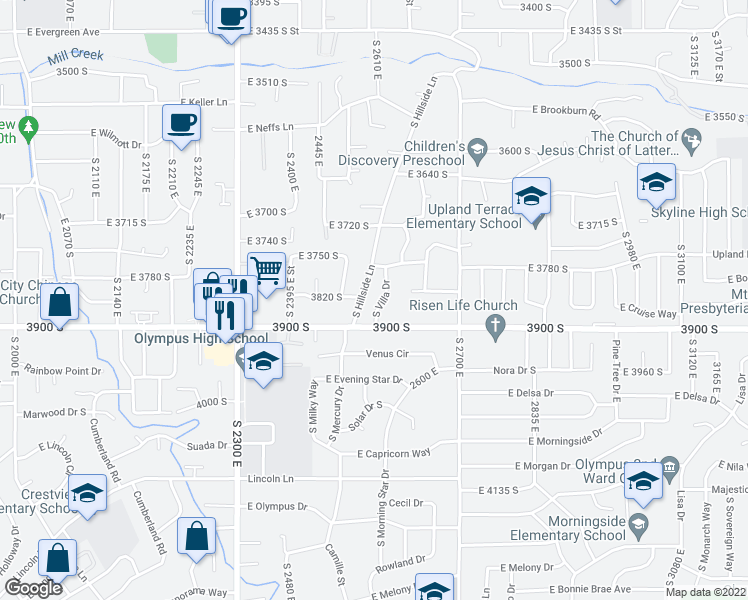 map of restaurants, bars, coffee shops, grocery stores, and more near 3824 South Villa Drive in Salt Lake City