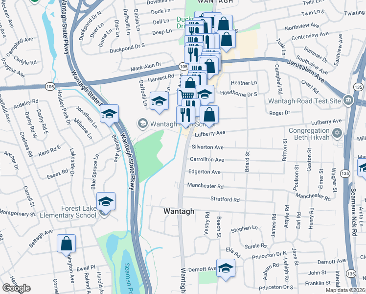 map of restaurants, bars, coffee shops, grocery stores, and more near 1432 Wantagh Avenue in Wantagh