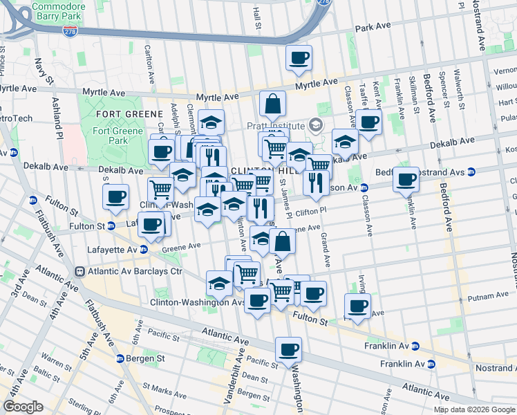 map of restaurants, bars, coffee shops, grocery stores, and more near 255 Lafayette Avenue in Brooklyn