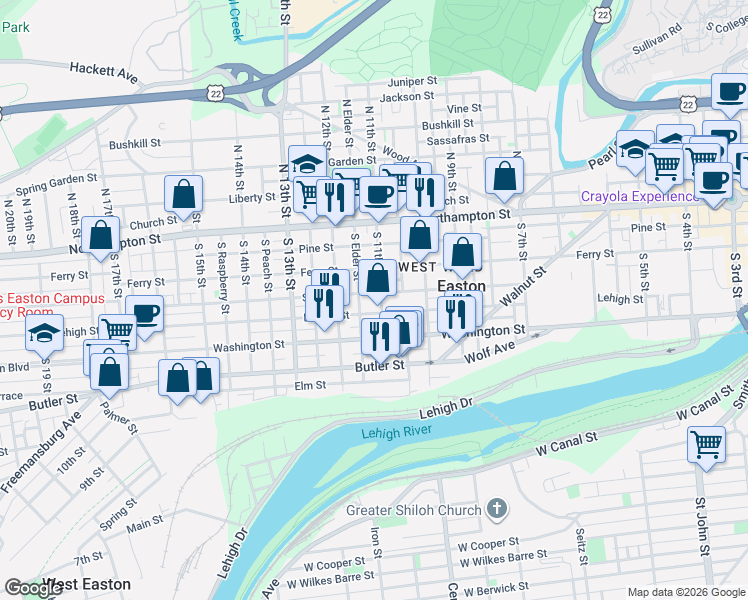 map of restaurants, bars, coffee shops, grocery stores, and more near 1125 Lehigh Street in Easton