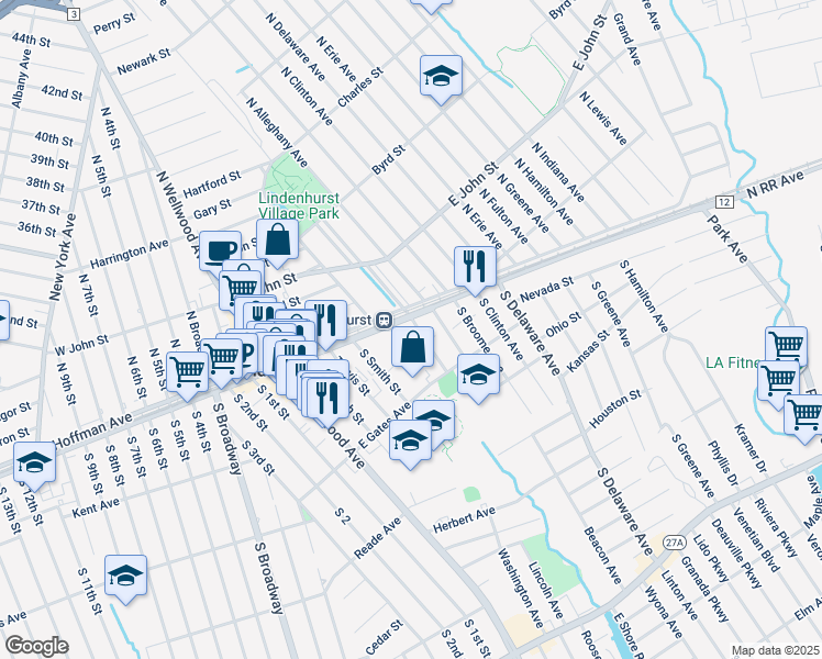 map of restaurants, bars, coffee shops, grocery stores, and more near 75 East Hoffman Avenue in Lindenhurst