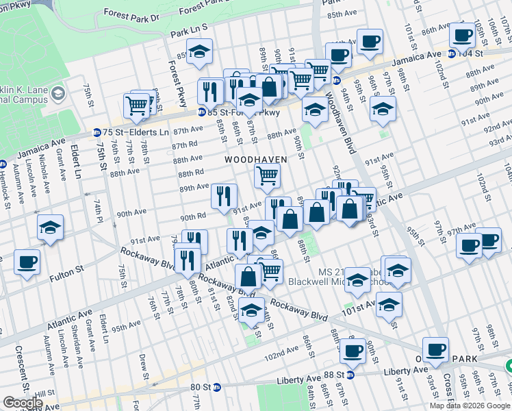 map of restaurants, bars, coffee shops, grocery stores, and more near 91-13 85th Street in Queens