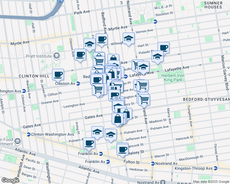 map of restaurants, bars, coffee shops, grocery stores, and more near Bedford Ave & Greene Ave in Brooklyn