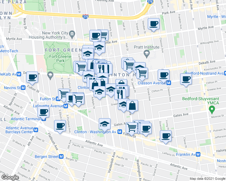 map of restaurants, bars, coffee shops, grocery stores, and more near Lafayette Ave & Clinton Ave in Brooklyn