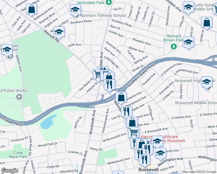 map of restaurants, bars, coffee shops, grocery stores, and more near 977 Nassau Road in Uniondale