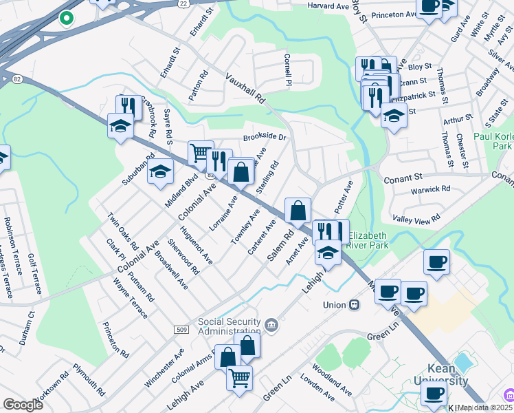 map of restaurants, bars, coffee shops, grocery stores, and more near 986 Carteret Avenue in Union