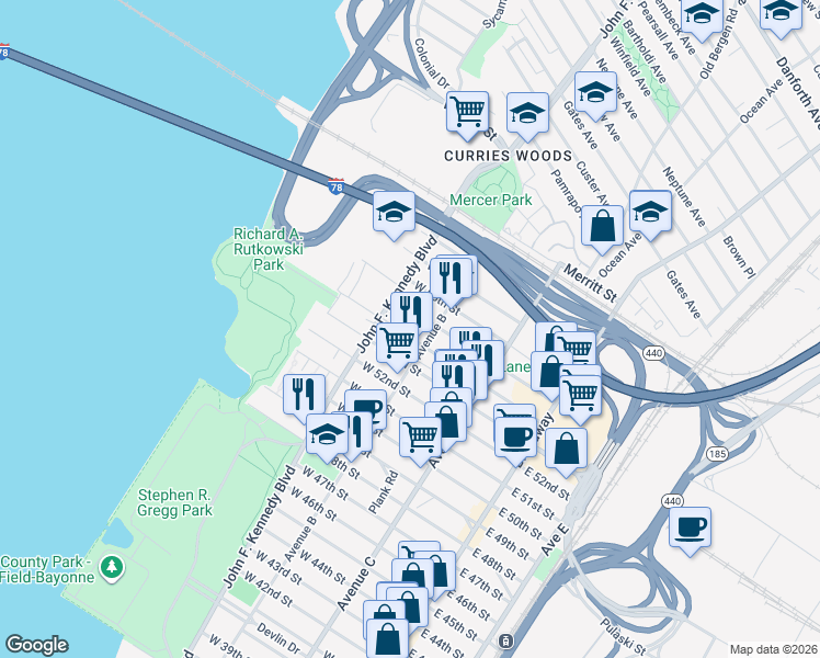 map of restaurants, bars, coffee shops, grocery stores, and more near 127 West 53rd Street in Bayonne