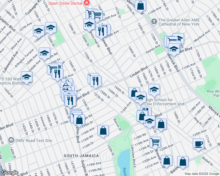 map of restaurants, bars, coffee shops, grocery stores, and more near 114-22 159th Street in Queens