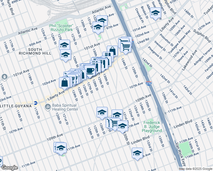 map of restaurants, bars, coffee shops, grocery stores, and more near 104-71 129th Street in Queens