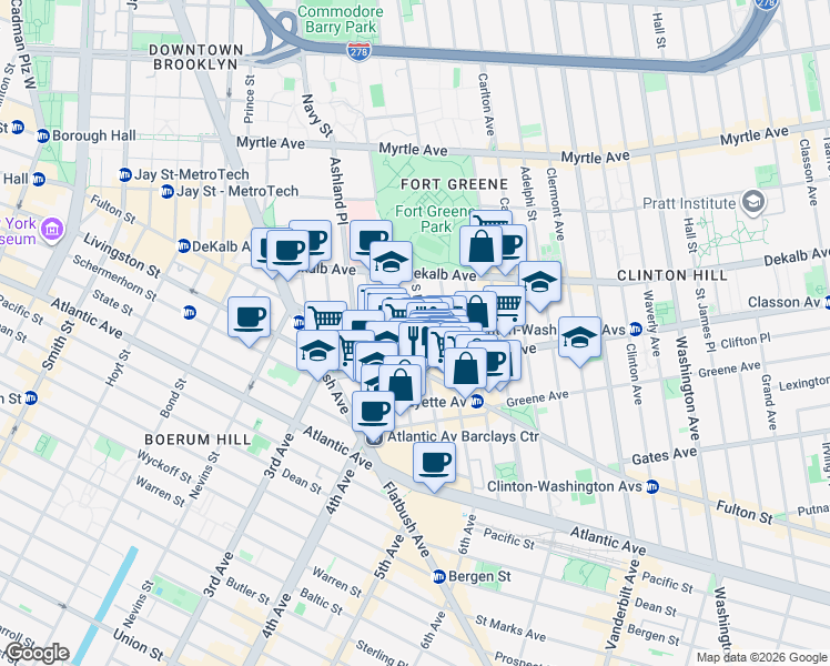 map of restaurants, bars, coffee shops, grocery stores, and more near 75 South Elliott Place in Brooklyn