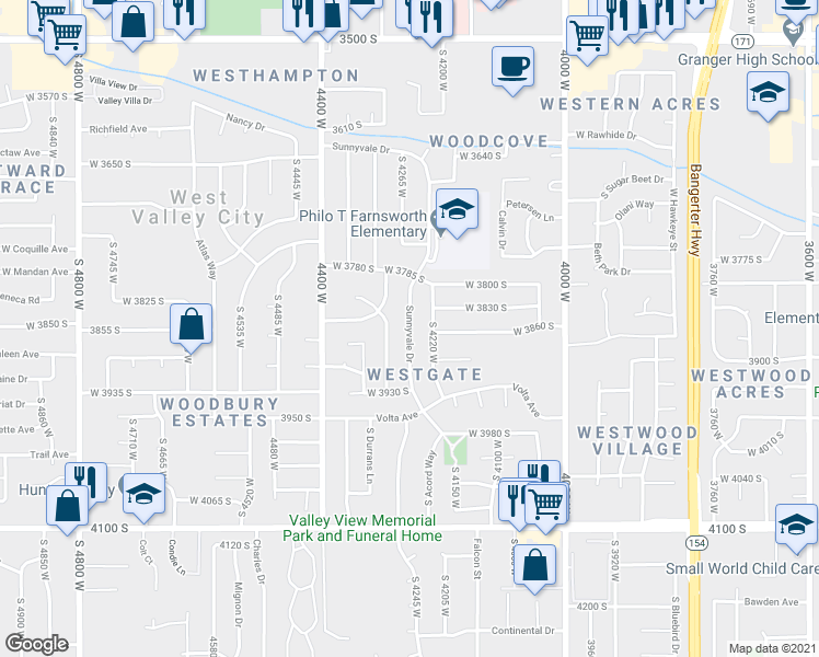 map of restaurants, bars, coffee shops, grocery stores, and more near 3858 South Sunnyvale Drive in West Valley City