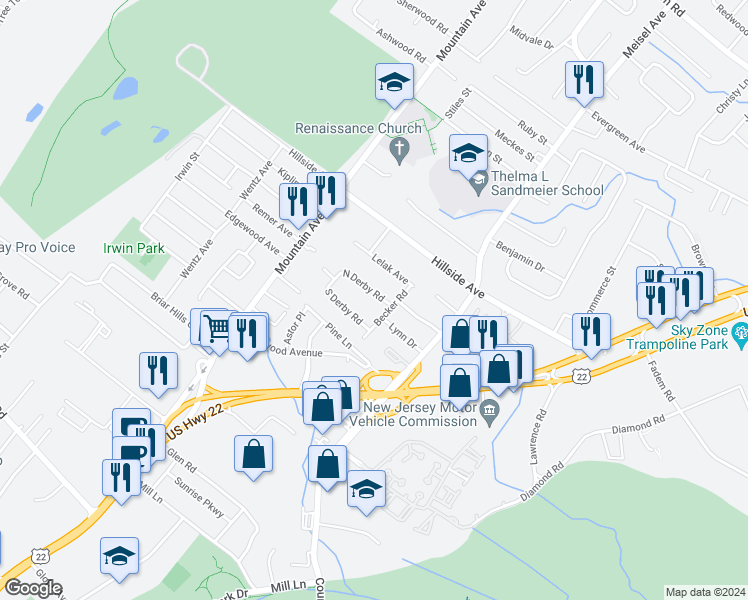 map of restaurants, bars, coffee shops, grocery stores, and more near 10 South Derby Road in Springfield