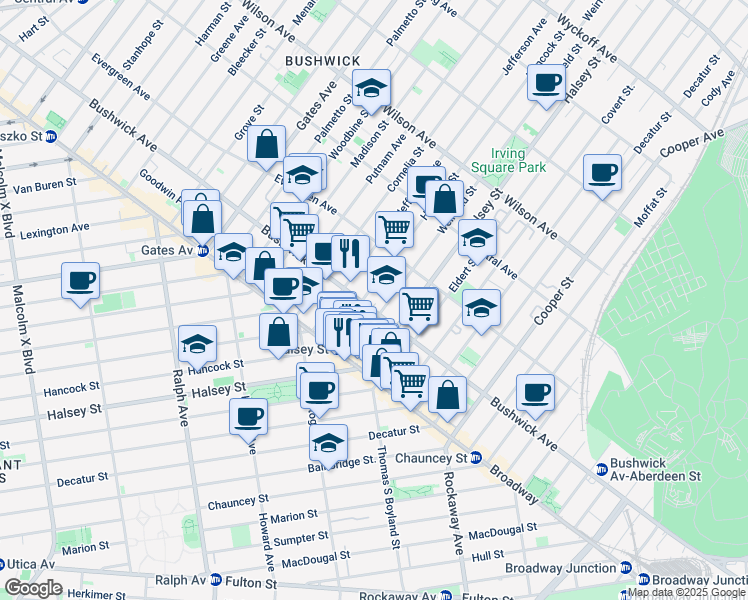 map of restaurants, bars, coffee shops, grocery stores, and more near 1024 Hancock Street in Brooklyn