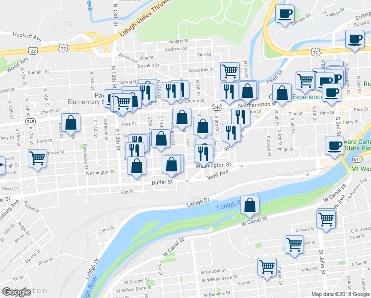 map of restaurants, bars, coffee shops, grocery stores, and more near 161 South 10th Street in Easton