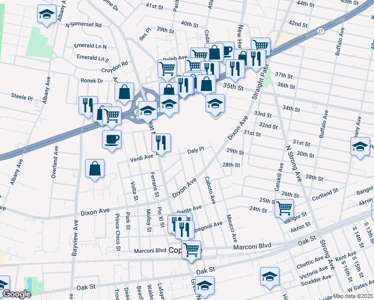 map of restaurants, bars, coffee shops, grocery stores, and more near 385 Verrazano Avenue in Copiague