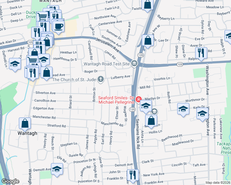 map of restaurants, bars, coffee shops, grocery stores, and more near 1421 Gaston Street in Wantagh