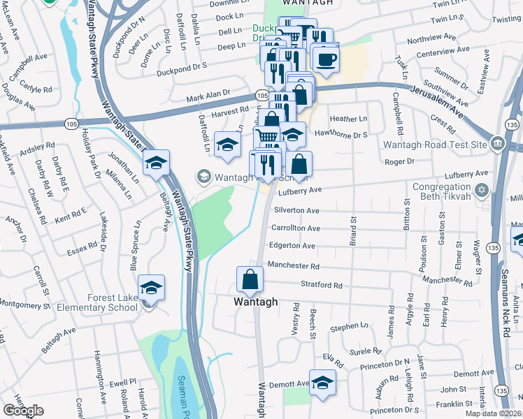 map of restaurants, bars, coffee shops, grocery stores, and more near 1432 Wantagh Avenue in Wantagh
