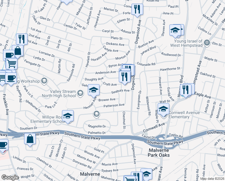 map of restaurants, bars, coffee shops, grocery stores, and more near 721 Seabury Avenue in Franklin Square