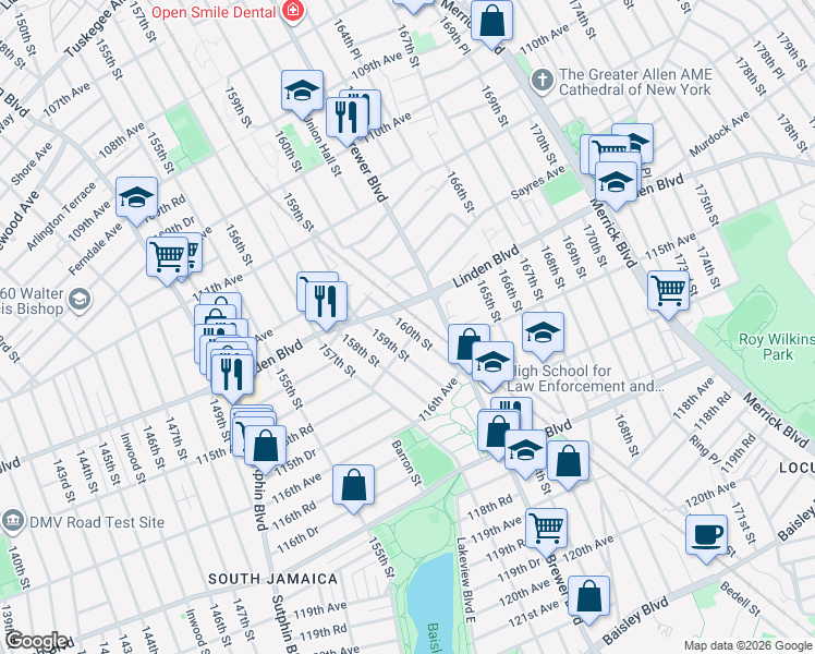 map of restaurants, bars, coffee shops, grocery stores, and more near 159-14 115th Road in Queens