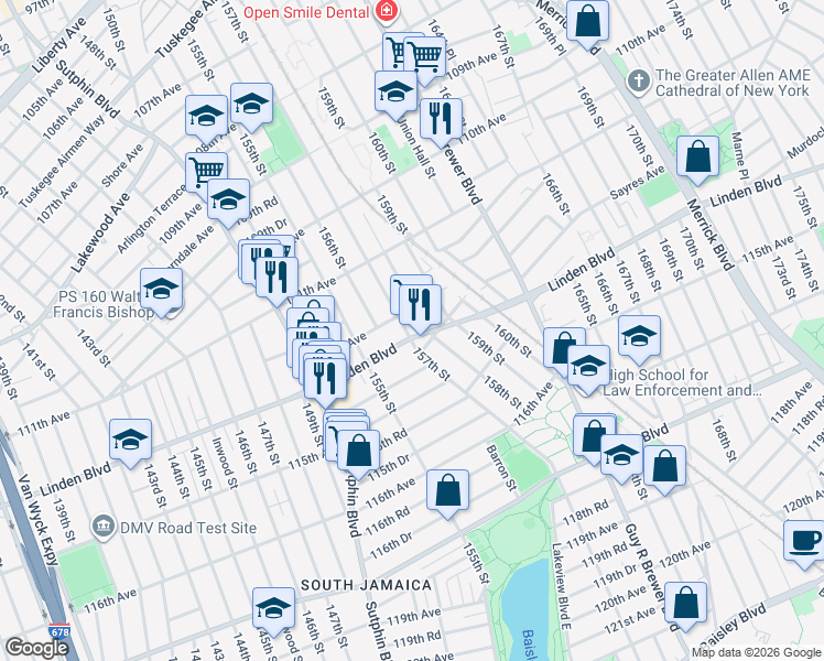 map of restaurants, bars, coffee shops, grocery stores, and more near 155-23 Linden Boulevard in Queens