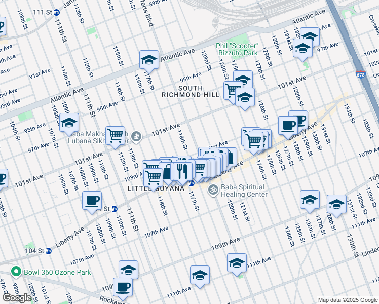 map of restaurants, bars, coffee shops, grocery stores, and more near 103-05 118th Street in Queens