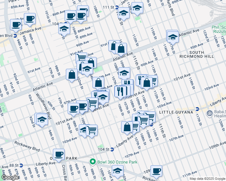 map of restaurants, bars, coffee shops, grocery stores, and more near 97-37 106th Street in Queens
