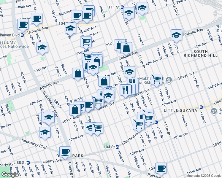 map of restaurants, bars, coffee shops, grocery stores, and more near 97-22 105th Street in Queens