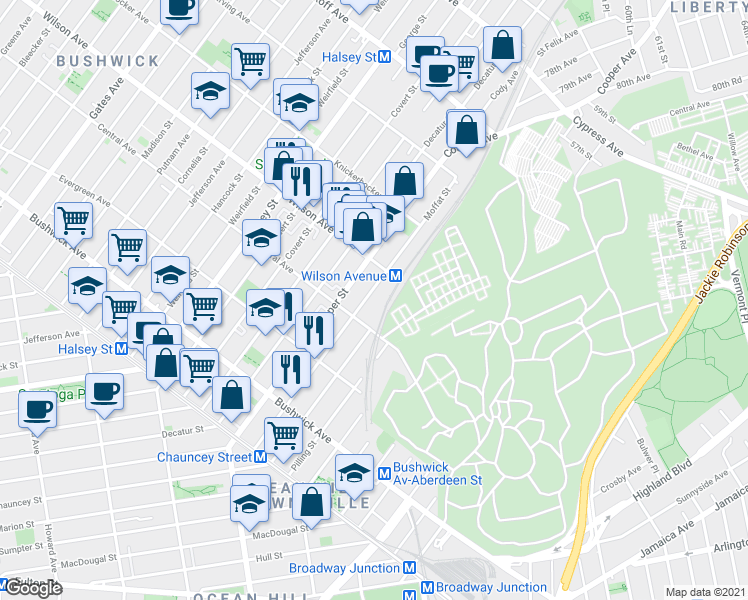 map of restaurants, bars, coffee shops, grocery stores, and more near 673 Central Avenue in Brooklyn