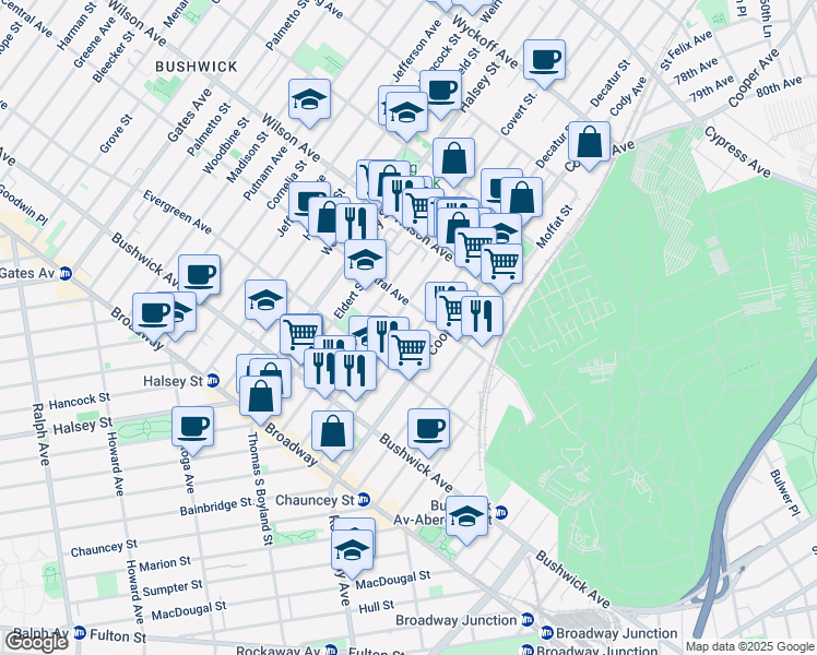 map of restaurants, bars, coffee shops, grocery stores, and more near 133 Cooper Street in Brooklyn