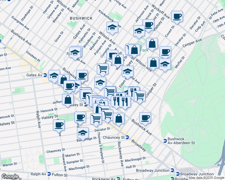 map of restaurants, bars, coffee shops, grocery stores, and more near 89 Eldert Street in Brooklyn