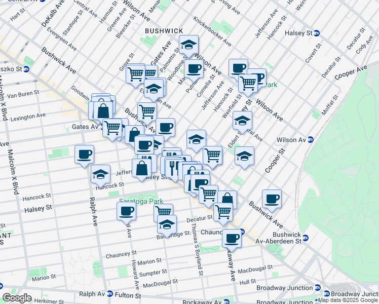 map of restaurants, bars, coffee shops, grocery stores, and more near 1024 Hancock Street in Brooklyn