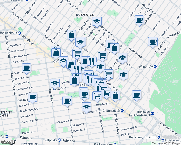 map of restaurants, bars, coffee shops, grocery stores, and more near in Brooklyn