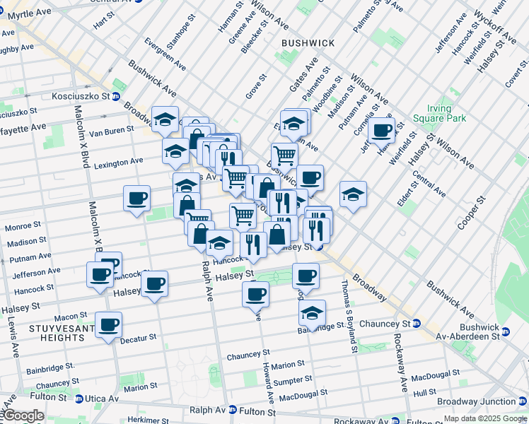 map of restaurants, bars, coffee shops, grocery stores, and more near 1021 Putnam Avenue in Brooklyn