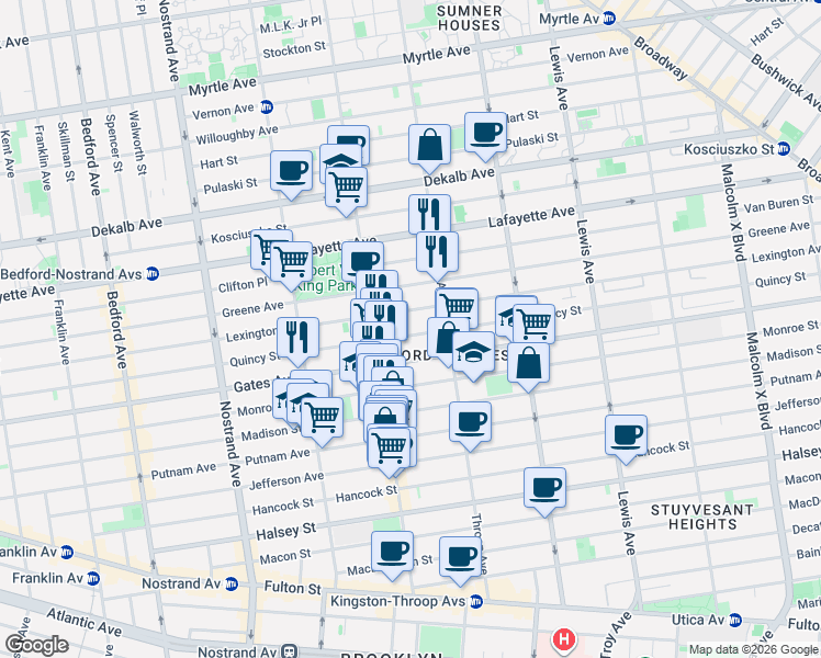 map of restaurants, bars, coffee shops, grocery stores, and more near 416 Quincy Street in Brooklyn