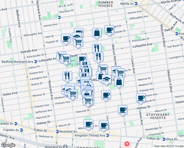 map of restaurants, bars, coffee shops, grocery stores, and more near 416 Quincy Street in Brooklyn