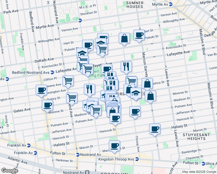 map of restaurants, bars, coffee shops, grocery stores, and more near 386 Quincy Street in Brooklyn