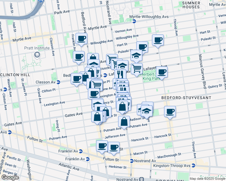 map of restaurants, bars, coffee shops, grocery stores, and more near 260 Lexington Avenue in Brooklyn