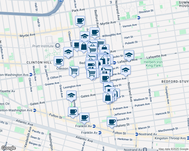 map of restaurants, bars, coffee shops, grocery stores, and more near 159 Lexington Avenue in Brooklyn