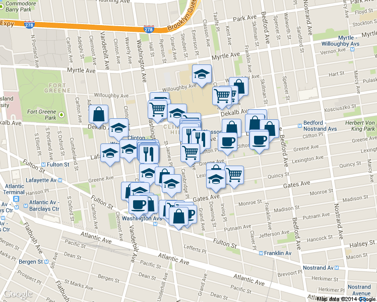 map of restaurants, bars, coffee shops, grocery stores, and more near 30 Clifton Place in Brooklyn