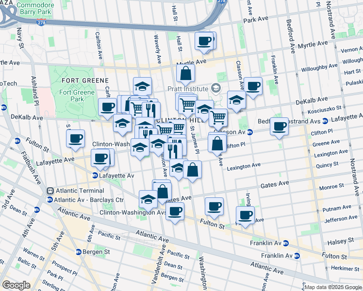 map of restaurants, bars, coffee shops, grocery stores, and more near 255 Lafayette Avenue in Brooklyn